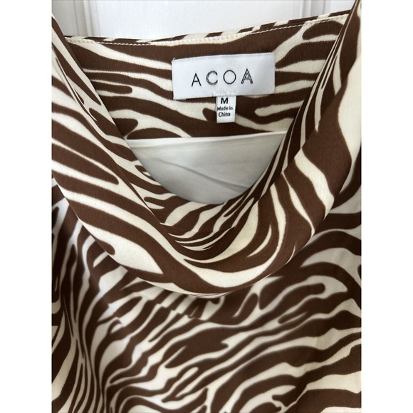 ACOA Zebra brown beige Satin Rouched Slip Dress Size Medium open at side lined - Picture 2 of 12